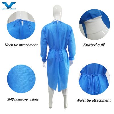Beschermende chirurgische jurk met gebreide manchetten zachte antistatische stof VPT-501 Neck/Back Closure Blauw PP Nonwoven