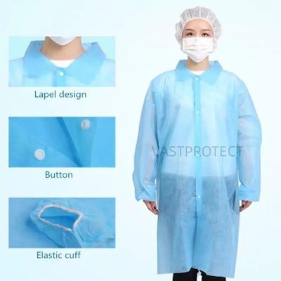 Eenmalig polypropyleen labjas met elastische polsen en sluiting Unisex waterdicht